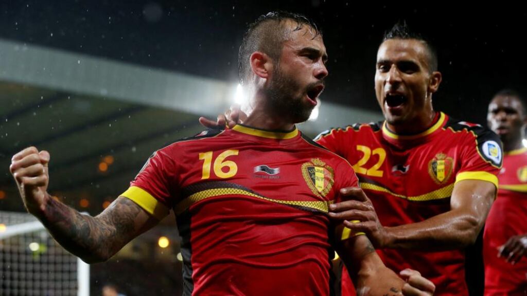 Steven Defour of Belgium celebrates after scoring a goal during a qualifying match against Scotland at Hampden Park. Photograph: Scott Heavey/Getty Images