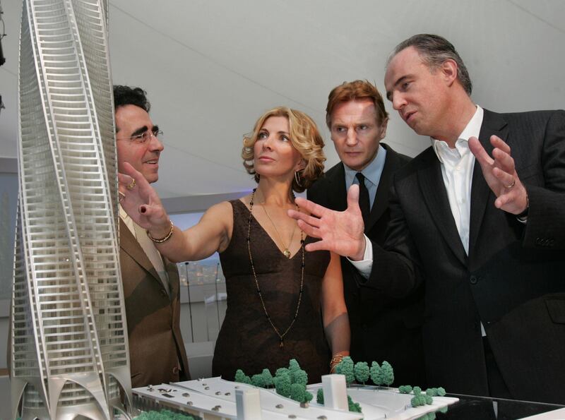 Actor Liam Neeson and his late wife Natasha Richardson (centre),  architect Santiago Calatrava (left), and Garrett Kelleher attend a launch  event to promote sales in  The Chicago Spire in January 2008. Photograph: Matt Kavanagh