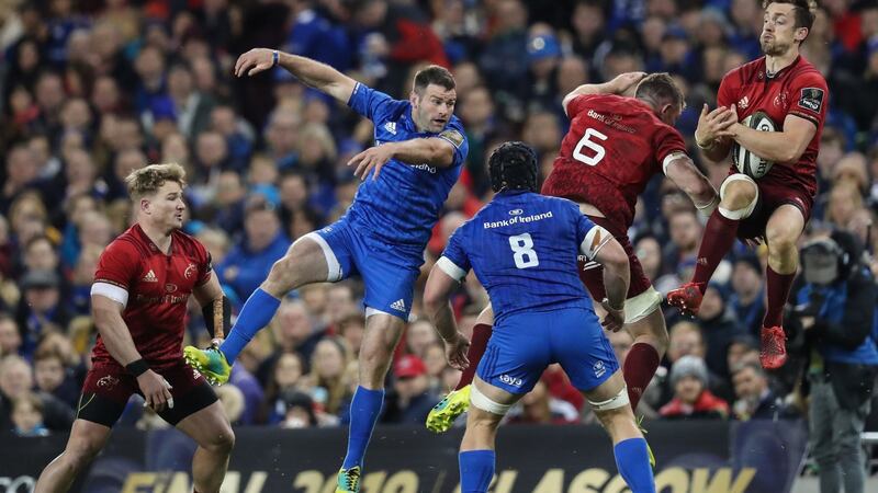 Munster’s Chris Cloete, Leinster’s  Fergus McFadden and Sean O’Brien and Munster’s  Peter O’Mahony and Darren Sweetnam in action during this season’s Pro14 clash at the Aviva Stadium. Photograph: Billy Stickland/Inpho