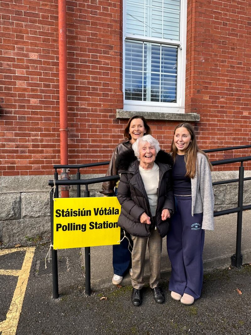 Three generations voting in the presidential election at Carysfort National School in Blackrock, Co Dublin: Helen O’Brien, her mother Agnes O’Mahony (94) and her daughter Juliet O’Brien (19). Photograph: Helen O’Brien