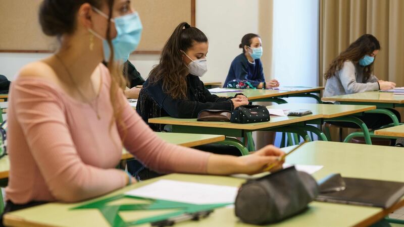 Students wearing face masks attend class at the Lopez de Mendoza Institute in Burgos after the reopening of schools in the community of Castilla y Leon in Spain. Photograph: Cesar Manso/AFP