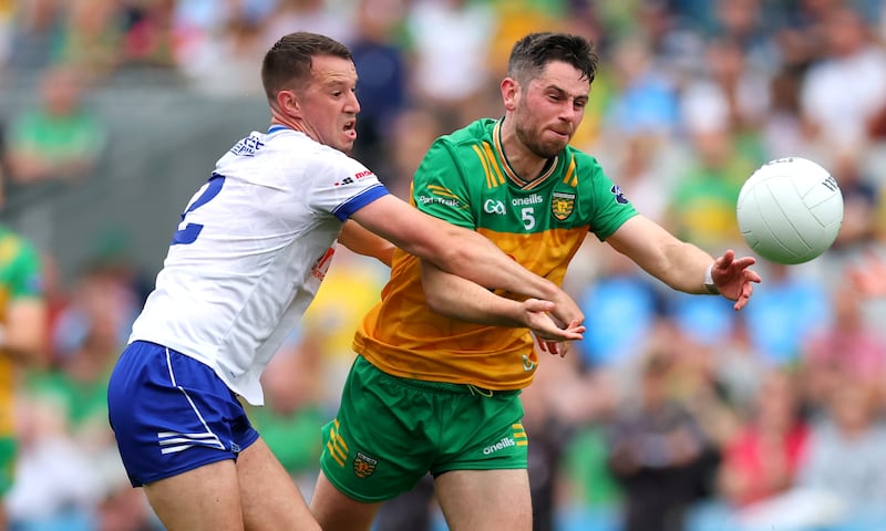 Monaghan’s Ryan Wylie and Ryan McHugh of Donegal in their quarter-final game at Croke Park on June 28th. Photograph: James Crombie/Inpho