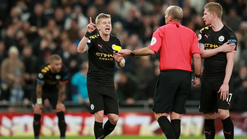 Manchester City’s Oleksandr Zinchenko is shown a second yellow card and then a red card. Photograph: Adam Davy/PA Wire