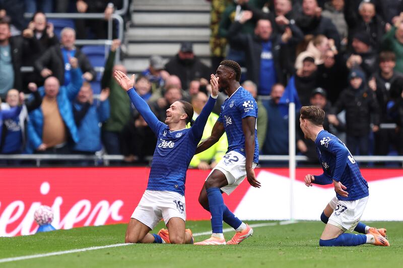 Jack Grealish of Everton celebrates scoring his team's second goal. Photograph: Matt McNulty/Getty