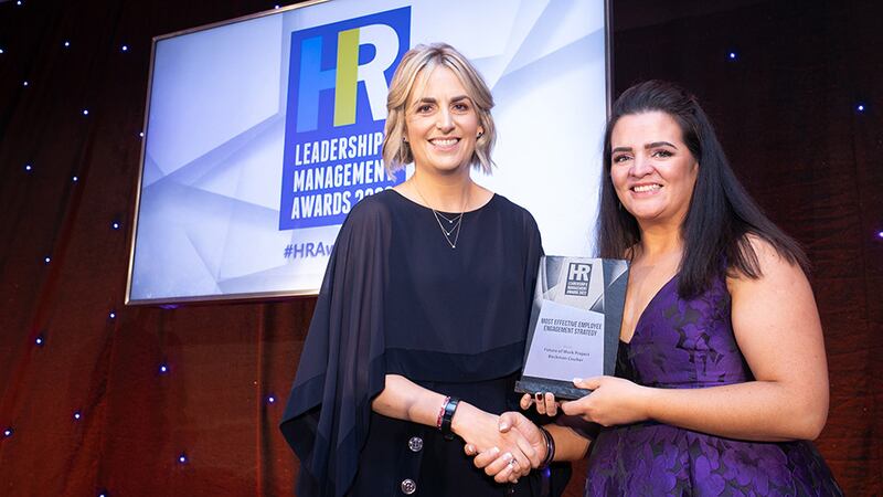 Siobhra Disdale, awards judge, presents the Most Effective Employee Engagement Strategy award to Caroline Pierce, Beckman Coulter Ireland Inc.