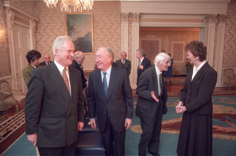 John Bruton attending a 1995 Council of State meeting with former taoiseach Charles Haughey, former Seanad cathaoirleach Seán Fallon and then president Mary Robinson. Photograph: Matt Kavanagh