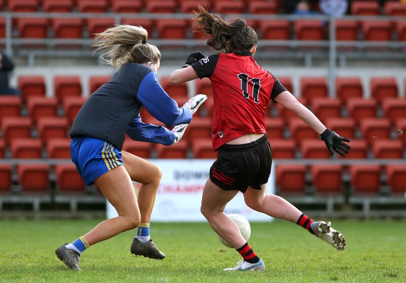 Down’s Vivienne McCormack scores a goal in the game against Longford. Photograph: Leah Scholes/Inpho 