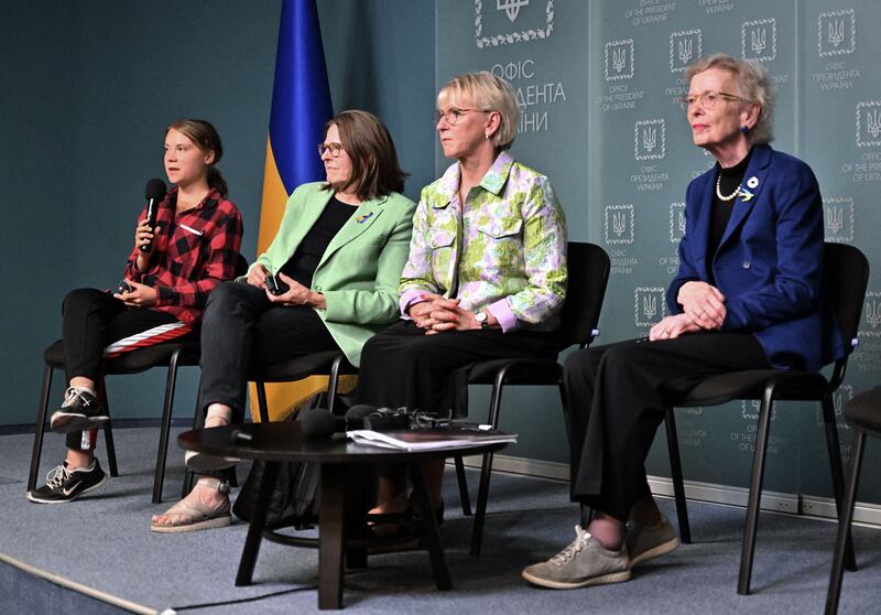 (From L) Swedish environmental activist Greta Thunberg, European Parliament vice-president Heidi Hautala, former deputy prime minister of Sweden Margot Wallstrom and Mary Robinson, ex-President of Ireland and former UN High Commissioner for Human Rights, attend a press briefing in Kyiv. Photograh: Sergei Supinsky/AFP