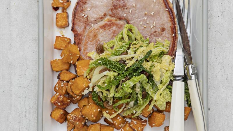 Grilled gammon, Asian cabbage, sweet sesame roasties. Photograph: Harry Weir Photography