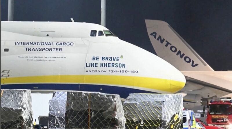 German police deployed a bomb disposal robot at the airport after a drone was found near a Ukrainian-flagged cargo plane overnight. Photograph: News5/AFP/Getty Images