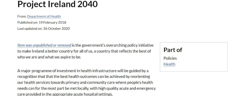 Screenshot showing Project Ireland 2040 plan removed from website. Referred to in Fintan O'Toole column on June 17th 2025 on all the links to document on government websites that have been unpublished now