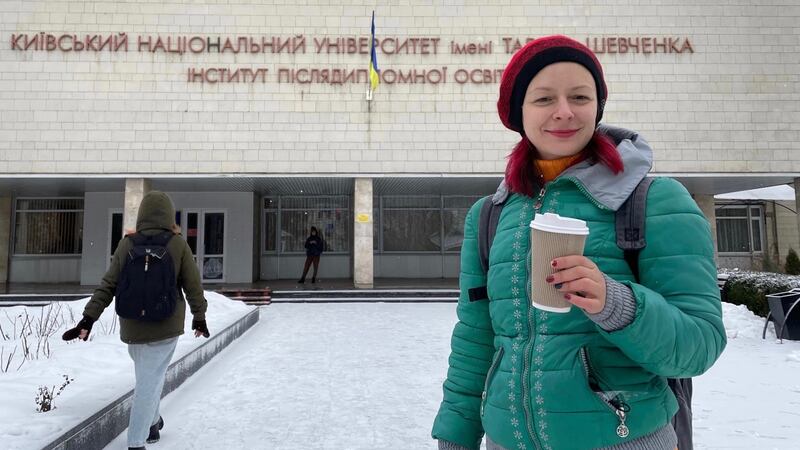 Kyiv resident Irina Kravchuk on her way into a course for women on wartime survival in urban areas. Photograph: Daniel McLaughlin