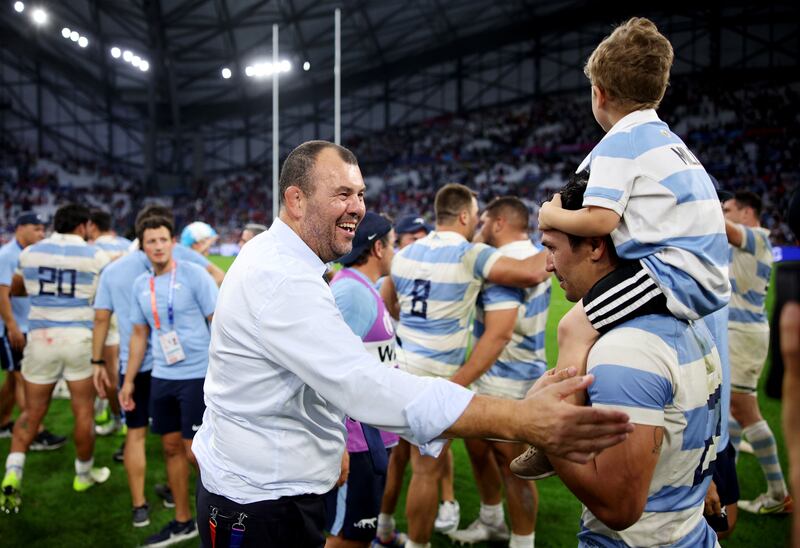 Michael Cheika, Argentina's head coach, celebrates with Matias Moroni  following the quarter-final victory over Wales at Stade Velodrome in Marseille, France. Photograph: Adam Pretty/World Rugby/World Rugby via Getty Images
