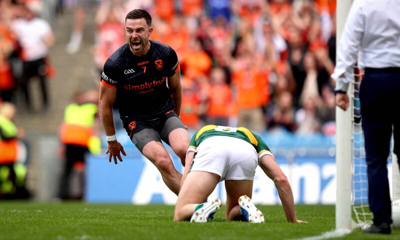Aidan Forker celebrates Armagh scoring a goal in the All-Ireland SFC semi-final between Kerry and Armagh at Croke Park in July 2024. Photograph: Ryan Byrne/Inpho
