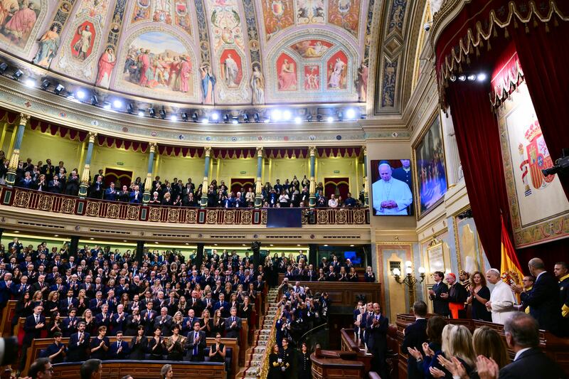 The pope received with a seven-minute standing ovation by lawmakers. Photograph: Stefano Rellandini/AFP/Getty Images