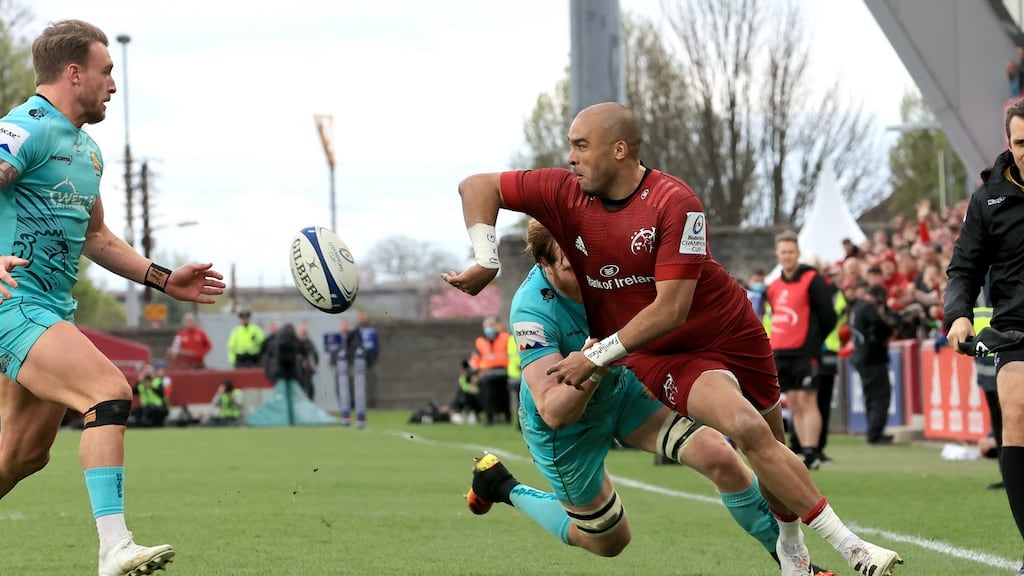 Simon Zebo’s offload was crucial to Munster securing a quarter-final date with Toulouse. Photograph: Billy Stickland/Inpho