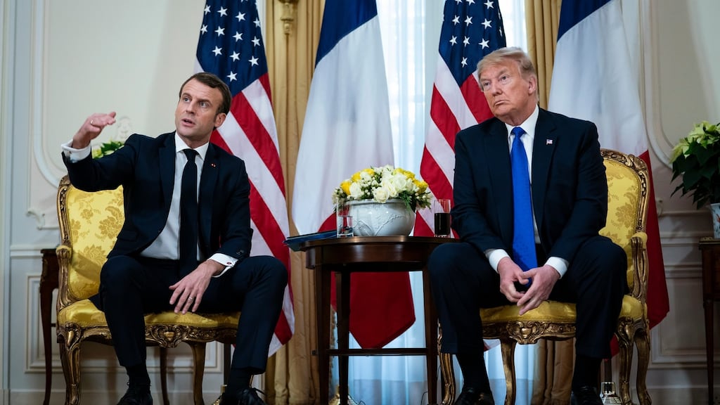 President Emmanuel Macron of France speaks during a meeting with US president Donald Trump in London last December. Photograph: Al Drago/The New York Times