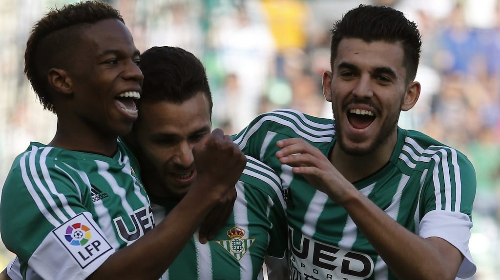 Real Betis’ striker Ruben Castro celbrates with his team mates after his strike gave them a win over Valencia in La Liga. Photo: Jose Manuel Vidal/PA