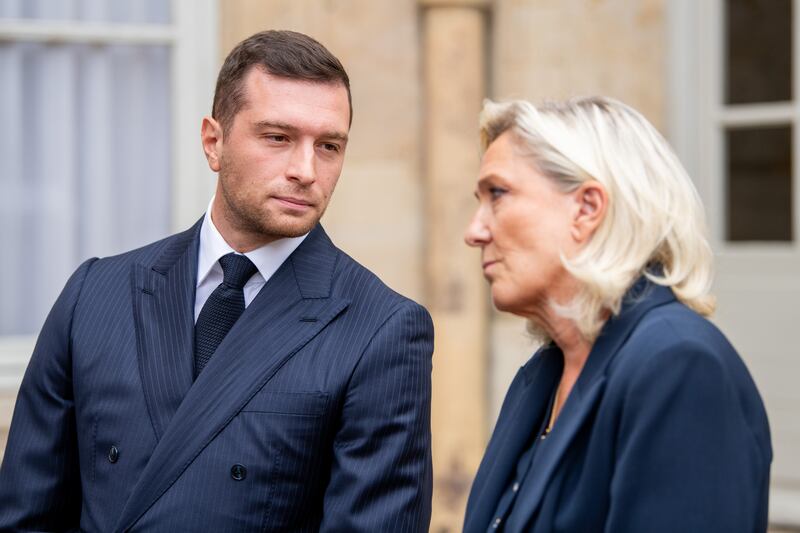 Jordan Bardella and Marine Le Pen of National Rally. Photograph: Benjamin Girette/Bloomberg