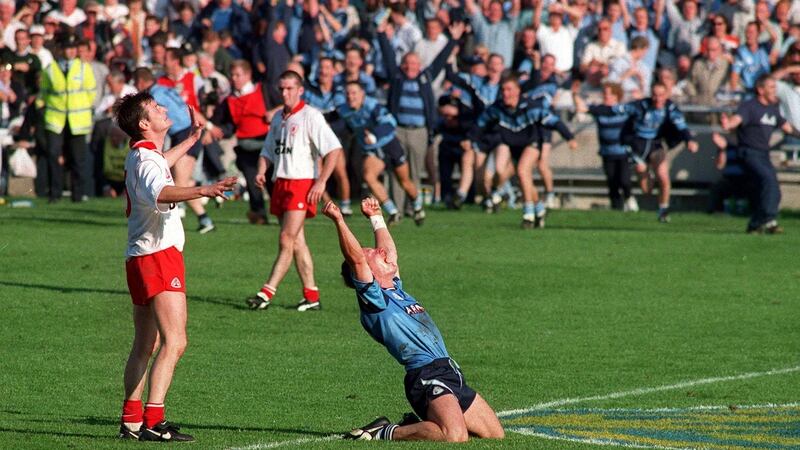 Jim Gavin  after Dublin won the 1995 All-Ireland. It’s hard to reconcile that the player and the manager of the Dublin senior football team are, in fact, one and the same cat. Photograph: Brendan Moran/Sportsfile