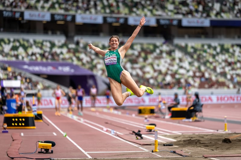 Kate O’Connor competing in the long jump during the women’s heptathlon at the World Athletics Championships in Tokyo, Japan. Photograph: Morgan Treacy/Inpho