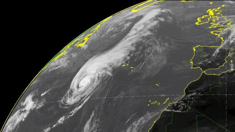 Infrared satellite image from 1pm Tuesday on track of Hurricane Lorenzo which is expected to be have extra-tropical storm status when it reaches Ireland. Photograph: Met Éireann website