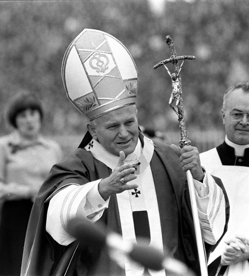 Pope John Paul II in gestures to the crowd in Drogheda in 1979.