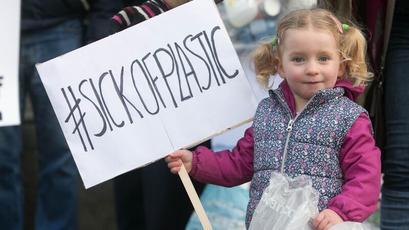 Astrid Gundersen (3),  from Swords, at a protest this month where Voice of Irish Concern for the Environment, Friends of the Earth, representatives of Zero Waste Ireland and Uplift  brought  unwanted plastic single-use packaging to the Dáil to express their desire to “ditch plastic”. File photograph: Gareth Chaney/Collins
