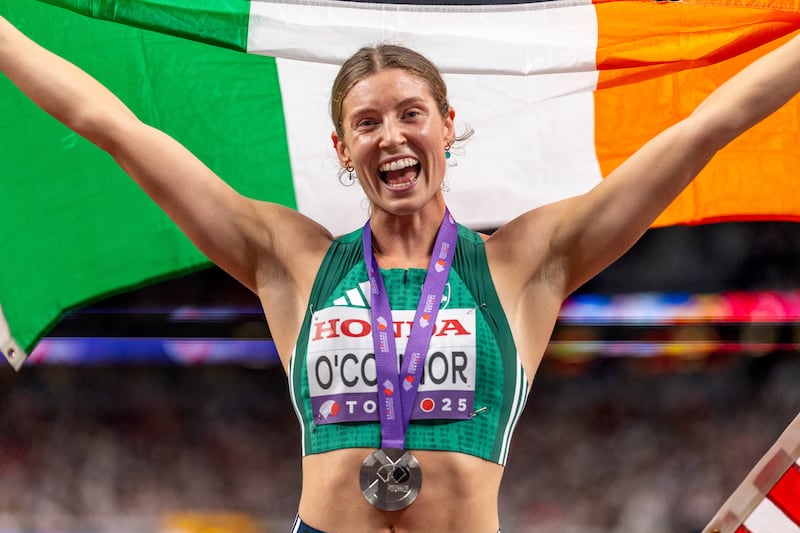 Ireland’s Kate O’Connor celebrates winning silver in the heptathlon at the World Championships in September. Photograph: Morgan Treacy/Inpho