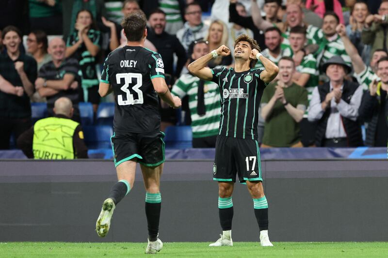 Celtic's Portuguese midfielder Joao Pedro Neves Filipe celebrates his goal against Real Madrid. Photograph: Thomas Coex/AFP via Getty Images