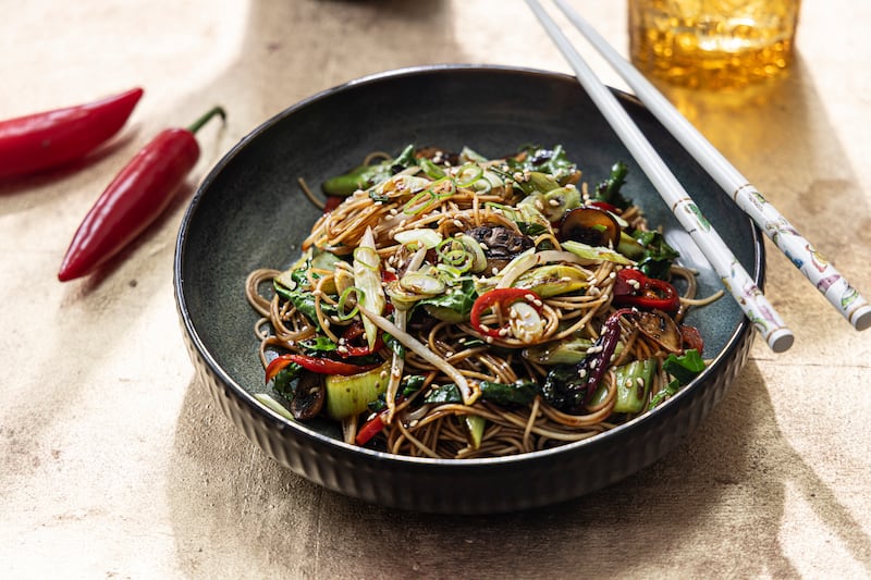 Ten-minute chow mein with spring vegetables and peanuts. Photograph: Harry Weir
