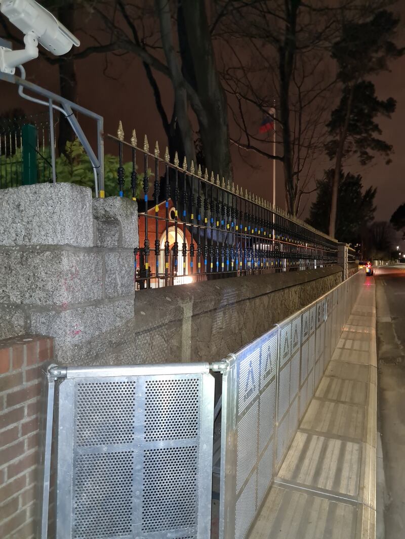 Protective barriers erected by gardaí at the Russian embassy on Monday evening. Photograph: Joe Humphreys/The Irish Times