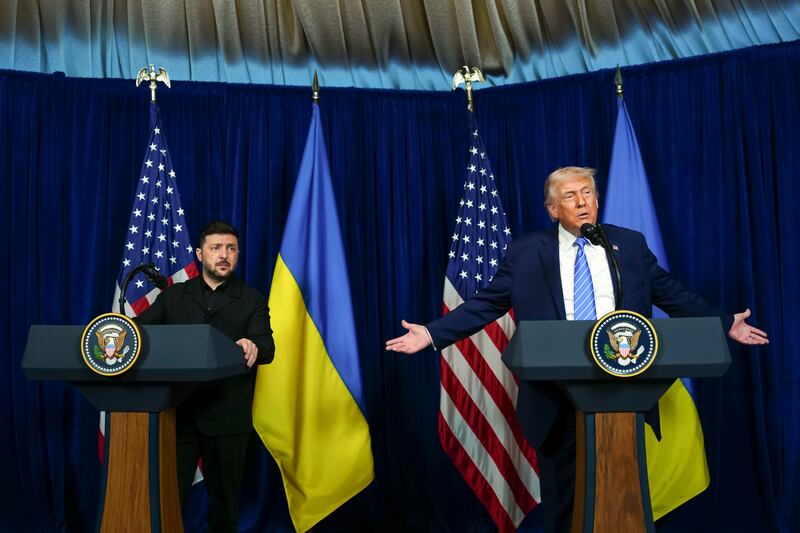 Volodymyr Zelenskiy of Ukraine with US president Donald Trump at Mar-a-Lago in Palm Beach, Florida, last month. Photograph: Tierney L. Cross/The New York Times
                      