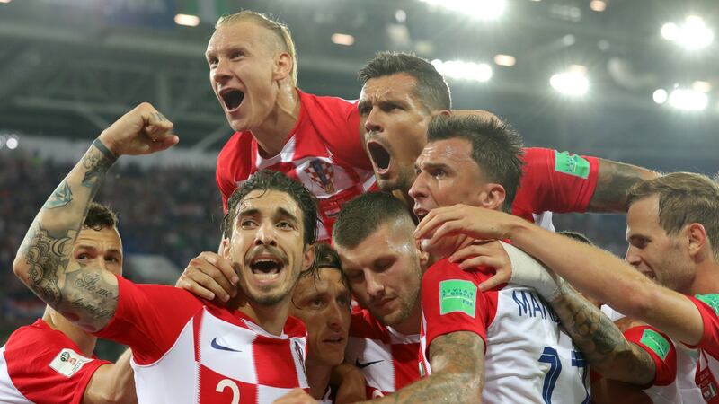 Luka Modric  of Croatia celebrates with teammates after scoring from the penalty spot during their Group D match against Nigeria in Kaliningrad, Russia. Photograph: EPA