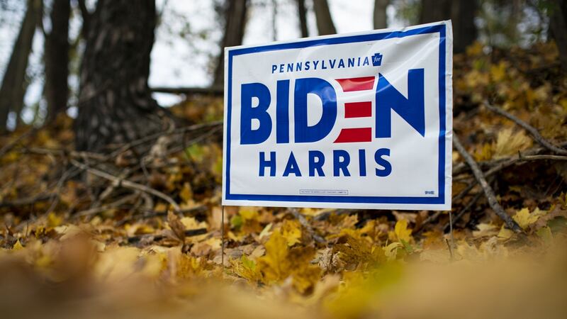 A campaign sign in support of Joe Biden, 2020 Democratic presidential nominee. Photograph: Al Drago/Bloomberg