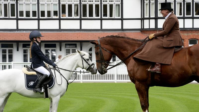 Annie Boland from Wexford on Sasha and riding side-saddle Susan Oakes from Meath on Cisero at the launch of the 2019 Dublin Horse Show at the RDS. Photograph: Alan Betson