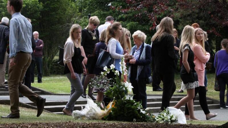 Mourners outside the church at UCD where a special memorial Mass was held for the Irish students who died in the Berkeley balcony fall. Photograph: Nick Bradshaw
