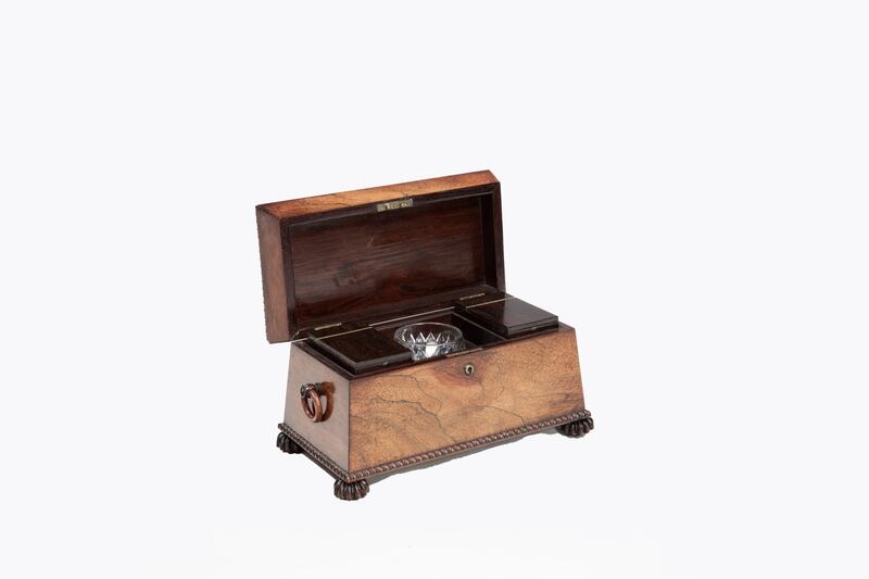 19th-century double interior tea caddy with hand-cut lead crystal bowl, circa 1830, €1,500-€1.800, O'Sullivan Antiques