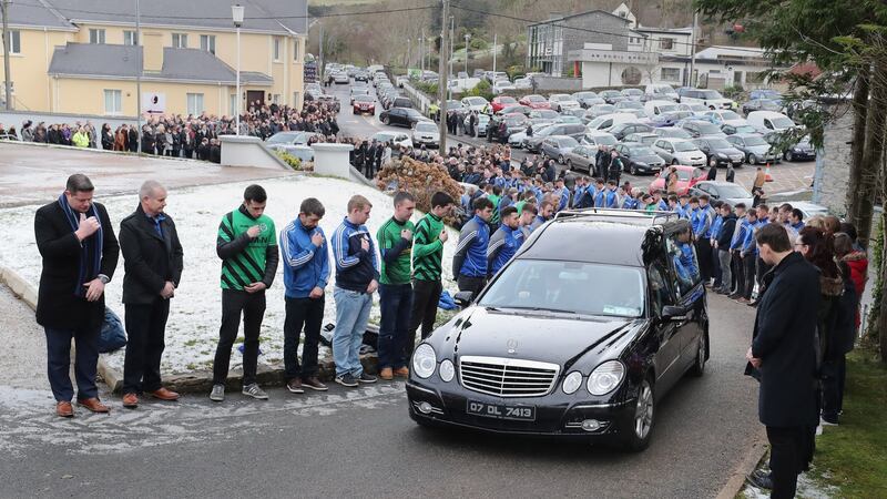 The funeral cortege of Shaun Harkin makes its way to Christ the King Church in Gortahork. Shaun was remembered as someone “full of conversation” and “wise beyond his years”. Photograph: Niall Carson/PA Wire
