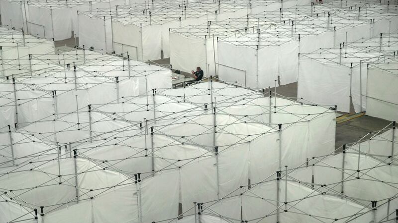Some 250 Covid-19 isolation bays stand  ready for use at the Austin Convention Center in recent days in Austin, Texas. The cavernous facility is prepared for use as a field hospital for Covid-19 patients. Photograph: John Moore/Getty