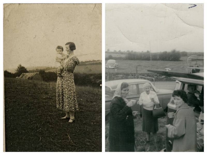 Left: Eva Clerkin and Eugene as a baby.  Right: Stopping for a picnic on the way to Knock on Peter Mullan’s minibus. Eva Clerkin is on the left. Photograph: Clerkin family, courtesy of Photo Album of the Irish/Photo Museum Ireland