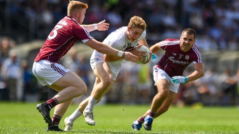 Kildare’s Daniel Flynn  in action against Seán Andy Ó Ceallaigh, left, and Cathal Sweeney.   Flynn will only get better but he’s already a massive handful at full-forward. Photograph: Sam  Barnes/Sportsfile/Getty Images