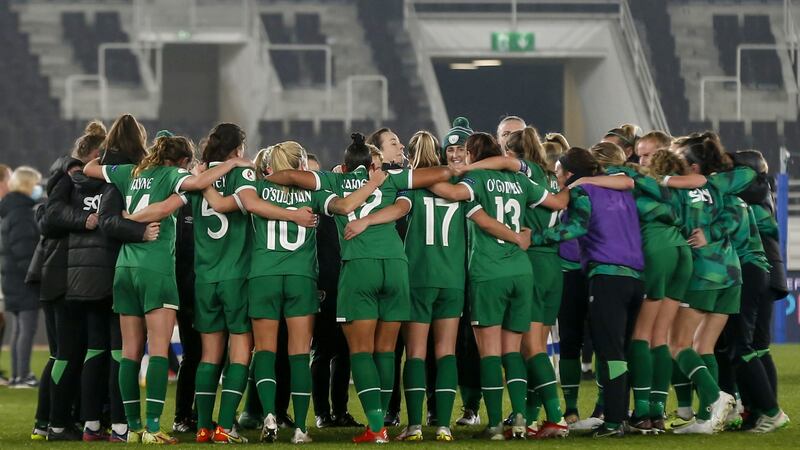The Ireland team huddle after the win over Finland in Helsinki. Photograph: Kalle Parkkinen/Inpho