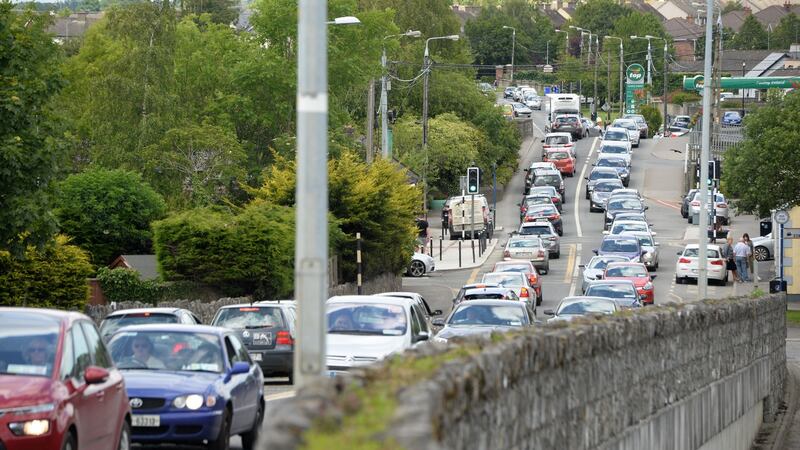 Traffic in  Sallins, Co Kildare, which  has the lowest density of jobs to workers in the country.  Photograph: Dara Mac Dónaill/The Irish Times