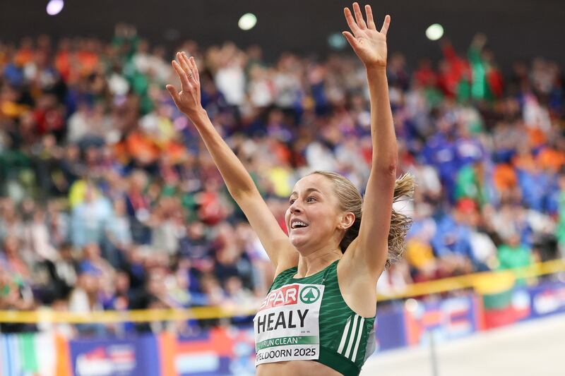 Sarah Healy wins gold in the Women's 3,000m Final at Apeldoorn, Netherlands on March 9th. Photograph: Maja Hitij/Getty Images