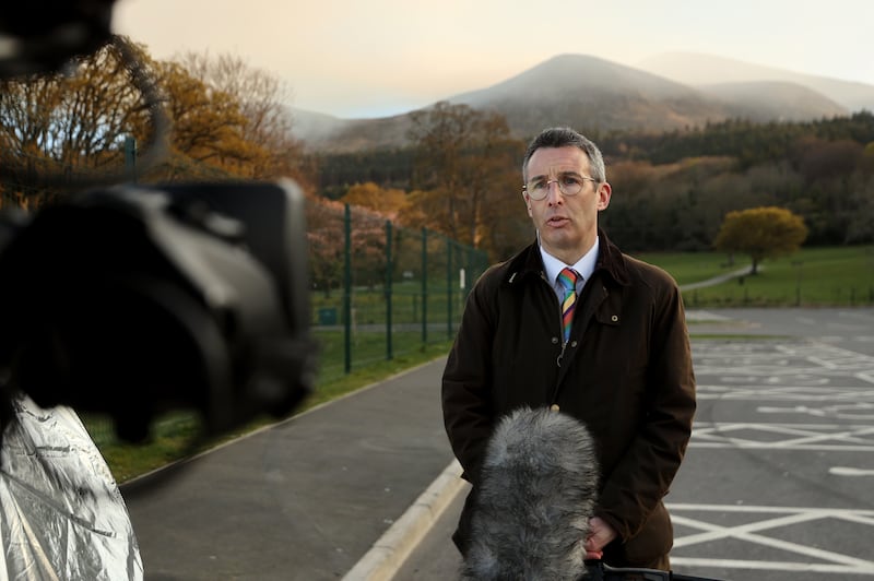 Department of agriculture, environment and rural affairs minister Andrew Muir speaks about the gorse fire, at Donard Park in Newcastle, Co Down. Photograph: Liam McBurney/PA Wire