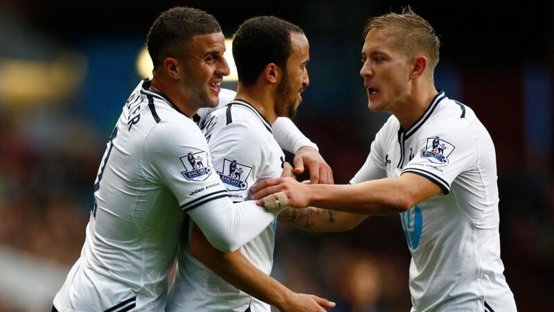 Tottenham Hotspur’s Andros Townsend (centre) celebrates with team mates Kyle Walker (left) and Lewis Holtby after scoring against Aston Villa. Photograph: Darren Staples/Reuters