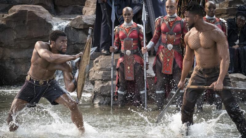 Chadwick Boseman as T’Challa  and Michael B Jordan as  Erik Killmonger. Photograph: Matt Kennedy/Marvel Studios