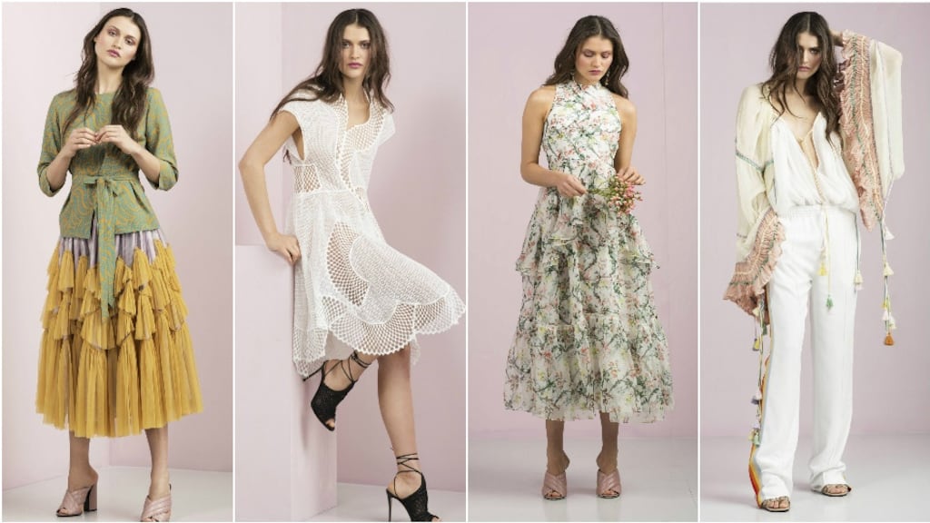 Green silk printed blouse with waist belt €795; yellow tiered tulle skirt €1,615 both by Dries Van Noten; Nude leather mules €475 by Gucci. White cotton dress with sheer lace panels, €2,995 by Stella McCartney; Black leather woven sandals, €925 by Gianvito Rossi. Floral tiered voile dress, €3,300 by Erdem; Nude mules, €475 by Gucci. Pale pink and lemon chiffon blouse with exaggerated sleeves and tassels, €4,380; white tailored track pants with side stripes and zips, €820; nude woven sandals, €650; all by Chloe.