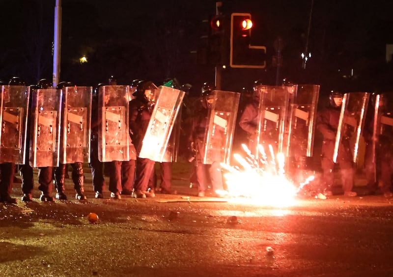 The Public Order Unit  comes under attack during the riot on Tuesday night. Photograph: Colin Keegan/Collins Dublin